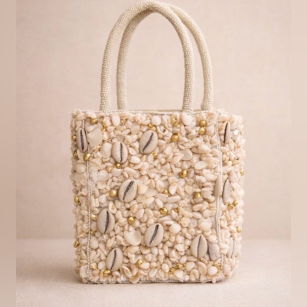 Seashell Beaded Tote Bag Cowrie Shell Gold Detail Mini Top Handle Coastal Luxury